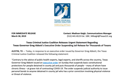 TCJC Releases Urgent Statement Regarding Texas Governor Greg Abbott’s Executive Order  Suspending Jail Release for Thousands of Texans