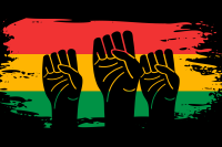 Hands raised in fists in front of a red, yellow, and green flag