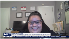 Maggie smiles in a video interview, FOX 7 logo and chyron reading Maggie Luna, Texas Center for Justice and Equity's Peer Policy Fellow