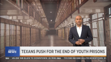 Spectrum reporter with text on screen reading Texans push for the end of youth prisons