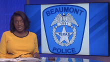 Screengrab from KDFM news video of reporter speaking in front of Beaumont Police logo