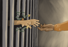 Hands reaching through hole in prison bars with flowers growing around them, credit Natan Murillo