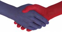 Blue hand shaking red hand