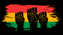 Hands raised in fists in front of a red, yellow, and green flag